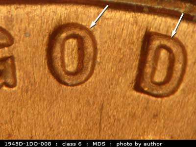 Die-stage B marker on 1945D•1DO•008 (1945 Doubled Die Obverse).