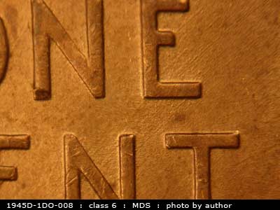 Die-stage B marker on 1945D•1DO•008 (1945 Doubled Die Obverse).
