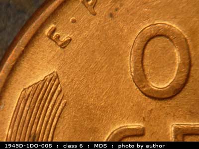 Die-stage B marker on 1945D•1DO•008 (1945 Doubled Die Obverse).