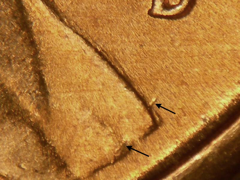 Die-stage B marker on 1945D•1DO•011 (1945 Doubled Die Obverse).