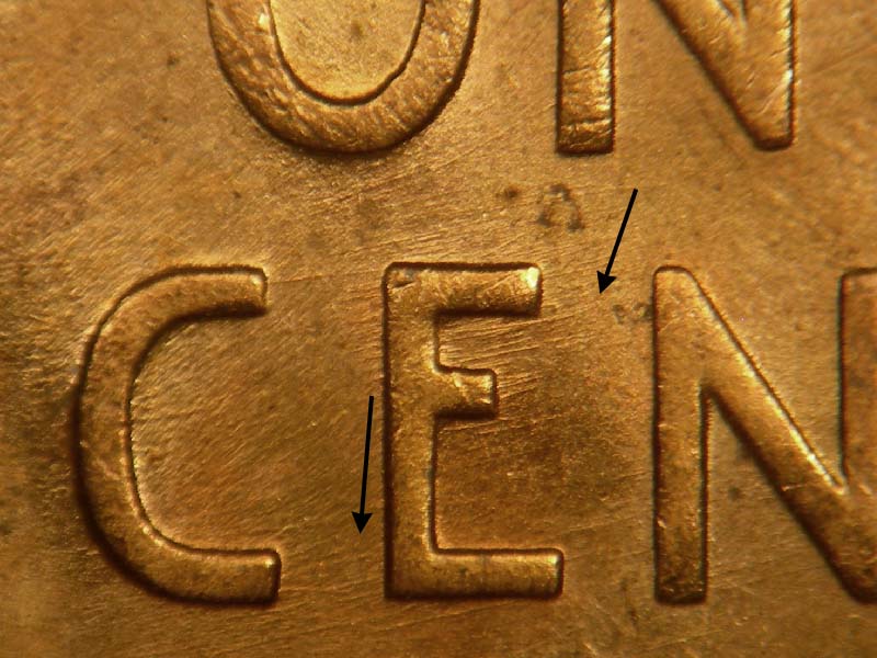 Die-stage B marker on 1945D•1DO•011 (1945 Doubled Die Obverse).