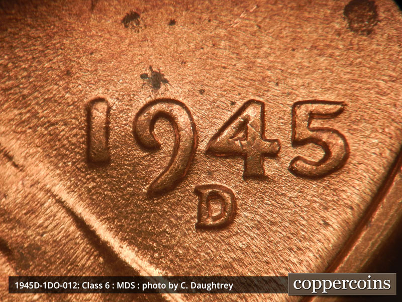 1945 Lincoln cent obverse, CopperCoins die 1945D•1DO•012.