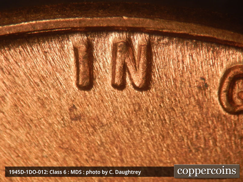 Die-stage B marker on 1945D•1DO•012 (1945 Doubled Die Obverse).