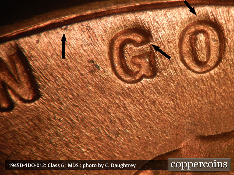 Die-stage B marker on 1945D•1DO•012 (1945 Doubled Die Obverse).