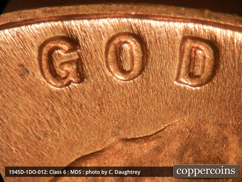 Die-stage B marker on 1945D•1DO•012 (1945 Doubled Die Obverse).