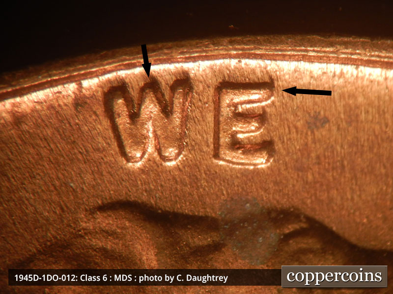 Die-stage B marker on 1945D•1DO•012 (1945 Doubled Die Obverse).