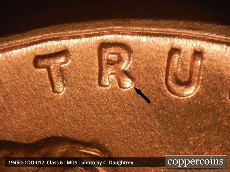 Die-stage B marker on 1945D•1DO•012 (1945 Doubled Die Obverse).