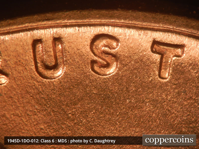Die-stage B marker on 1945D•1DO•012 (1945 Doubled Die Obverse).