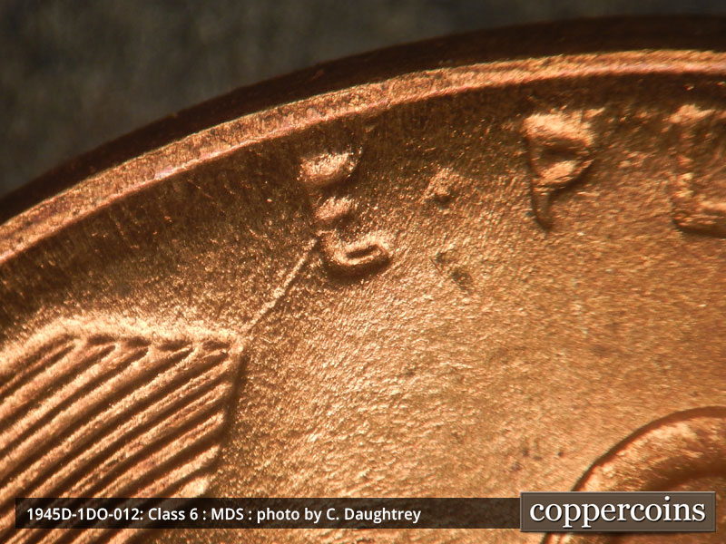 Die-stage B marker on 1945D•1DO•012 (1945 Doubled Die Obverse).