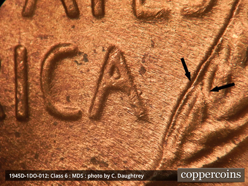 Die-stage B marker on 1945D•1DO•012 (1945 Doubled Die Obverse).