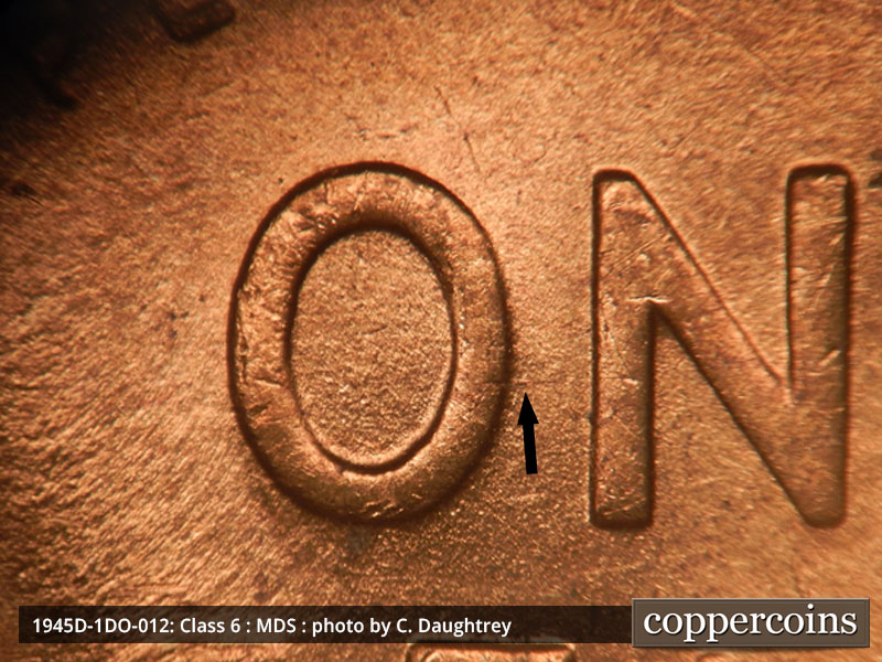 Die-stage B marker on 1945D•1DO•012 (1945 Doubled Die Obverse).