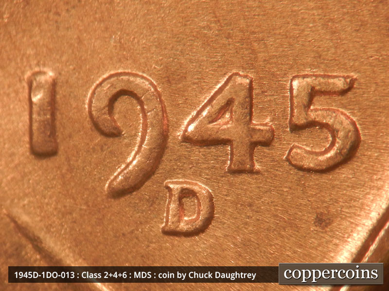 1945 Lincoln cent obverse, CopperCoins die 1945D•1DO•013.