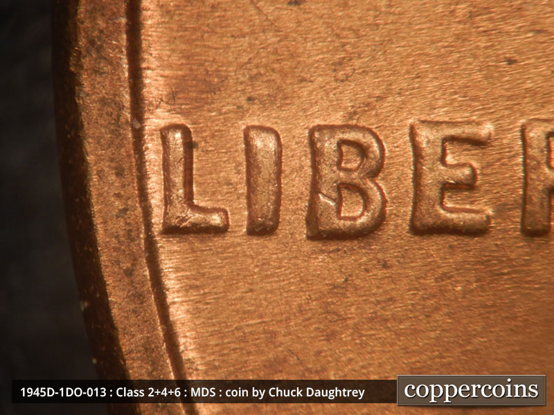 Die-stage B marker on 1945D•1DO•013 (1945 Doubled Die Obverse).