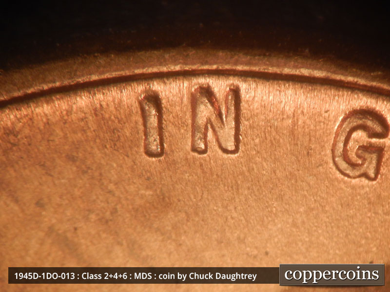 Die-stage B marker on 1945D•1DO•013 (1945 Doubled Die Obverse).