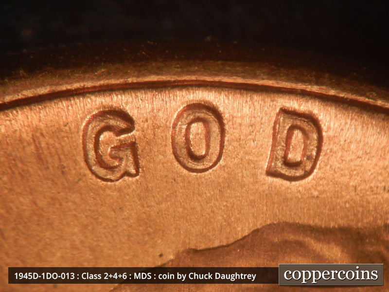 Die-stage B marker on 1945D•1DO•013 (1945 Doubled Die Obverse).