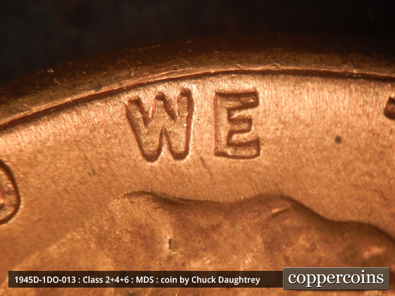 Die-stage B marker on 1945D•1DO•013 (1945 Doubled Die Obverse).