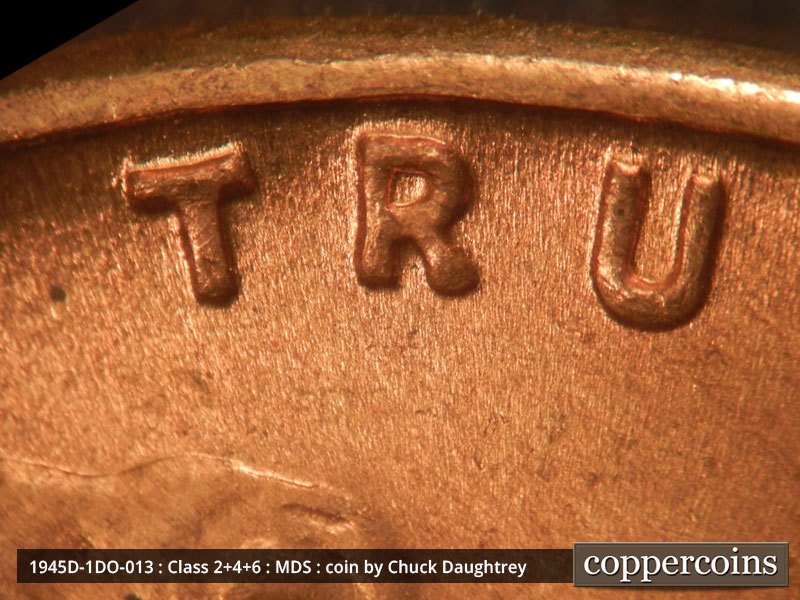 Die-stage B marker on 1945D•1DO•013 (1945 Doubled Die Obverse).