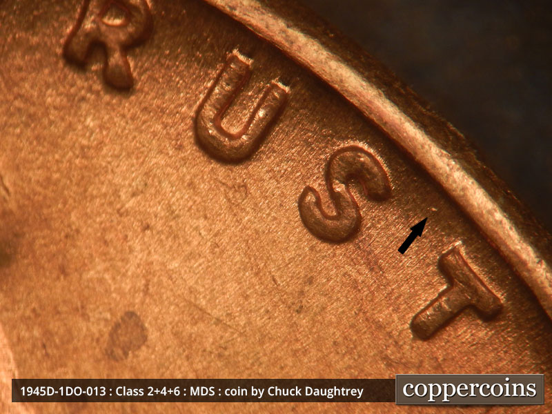 Die-stage B marker on 1945D•1DO•013 (1945 Doubled Die Obverse).