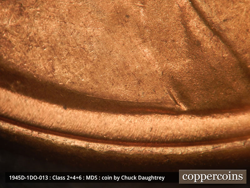 Die-stage B marker on 1945D•1DO•013 (1945 Doubled Die Obverse).