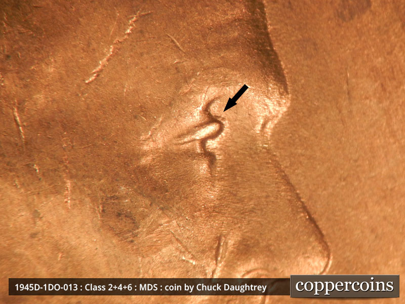 Die-stage B marker on 1945D•1DO•013 (1945 Doubled Die Obverse).