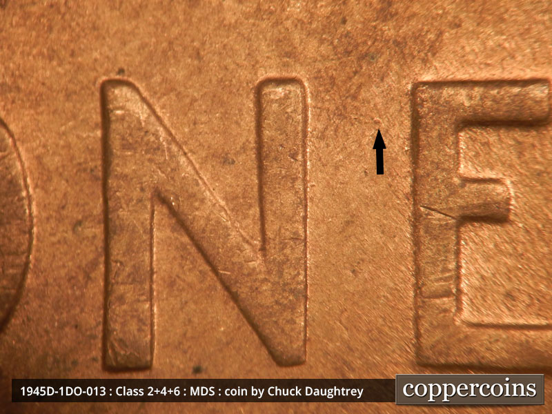Die-stage B marker on 1945D•1DO•013 (1945 Doubled Die Obverse).