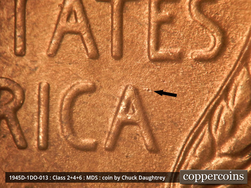 Die-stage B marker on 1945D•1DO•013 (1945 Doubled Die Obverse).