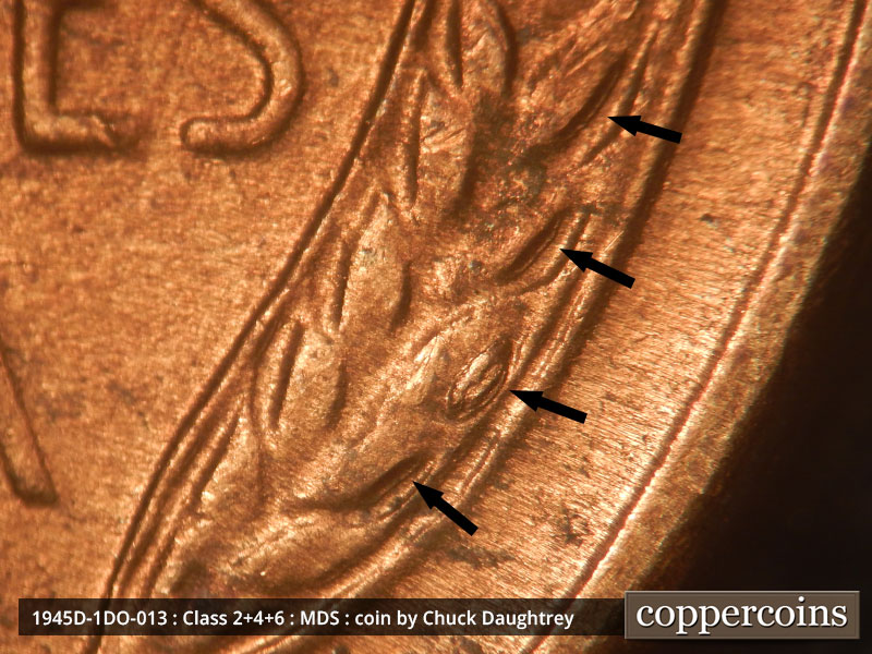 Die-stage B marker on 1945D•1DO•013 (1945 Doubled Die Obverse).