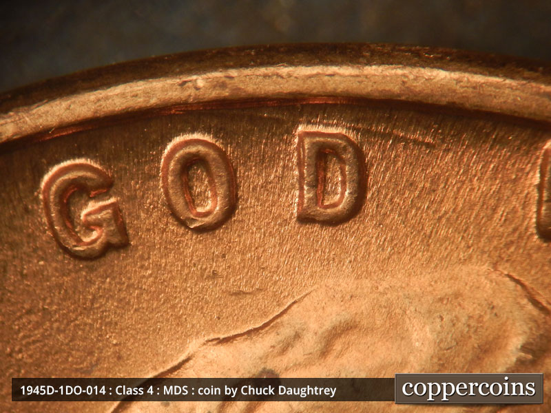 Die-stage B marker on 1945D•1DO•014 (1945 Doubled Die Obverse).