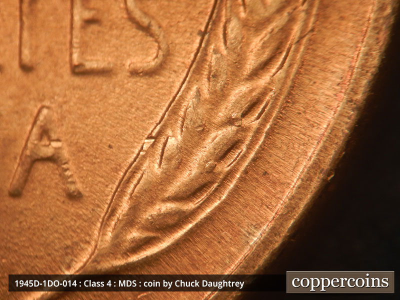 Die-stage B marker on 1945D•1DO•014 (1945 Doubled Die Obverse).