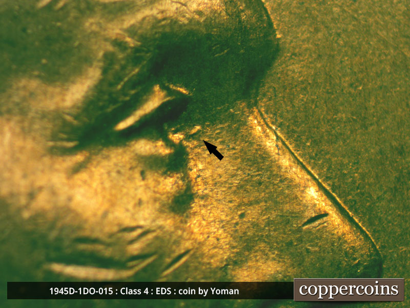 Die-stage A marker on 1945D•1DO•015 (1945 Doubled Die Obverse).