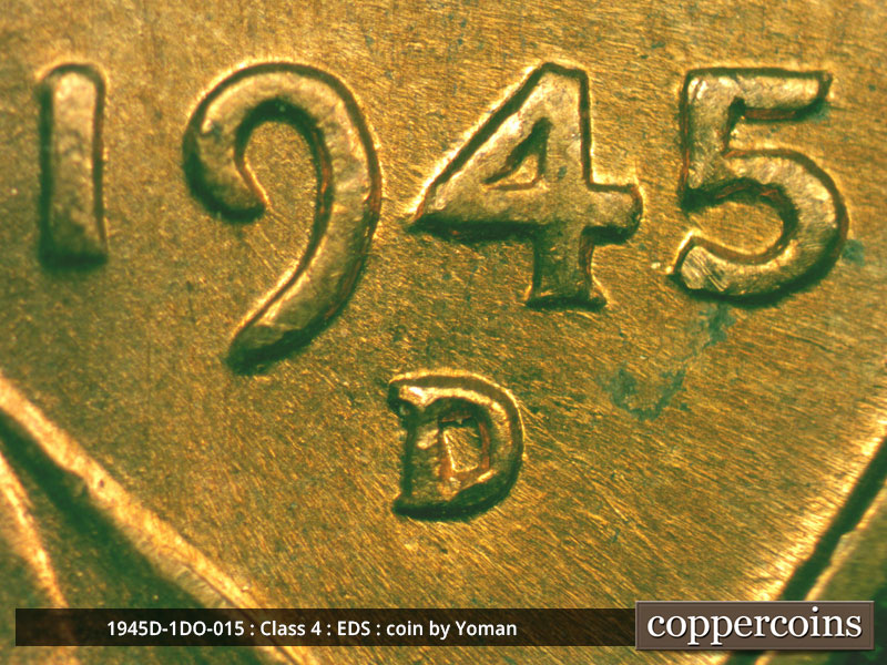 Die-stage A marker on 1945D•1DO•015 (1945 Doubled Die Obverse).
