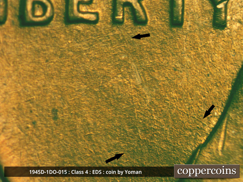 Die-stage A marker on 1945D•1DO•015 (1945 Doubled Die Obverse).