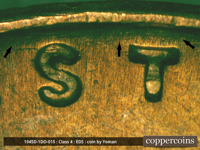 Die-stage A marker on 1945D•1DO•015 (1945 Doubled Die Obverse).