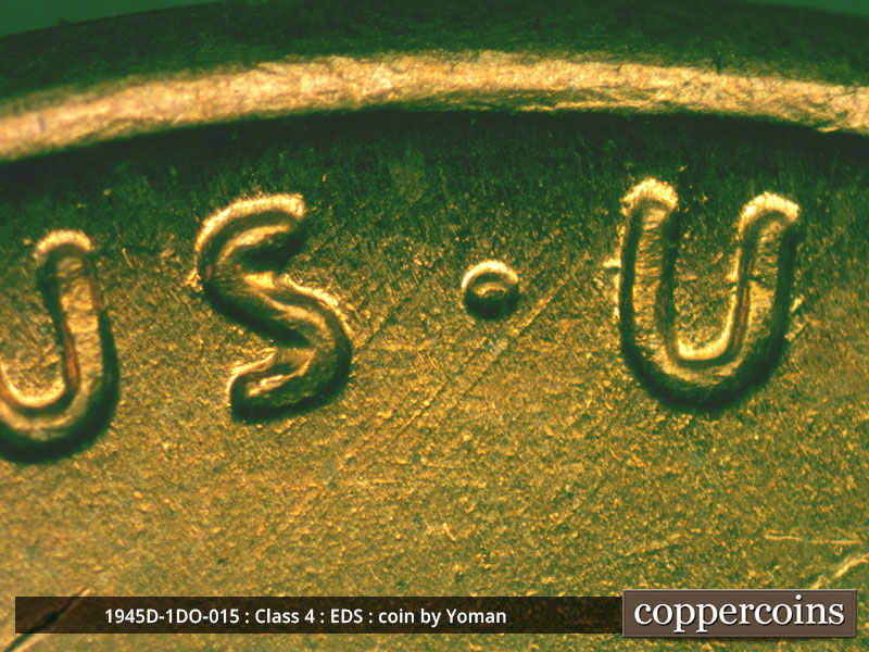 Die-stage A marker on 1945D•1DO•015 (1945 Doubled Die Obverse).