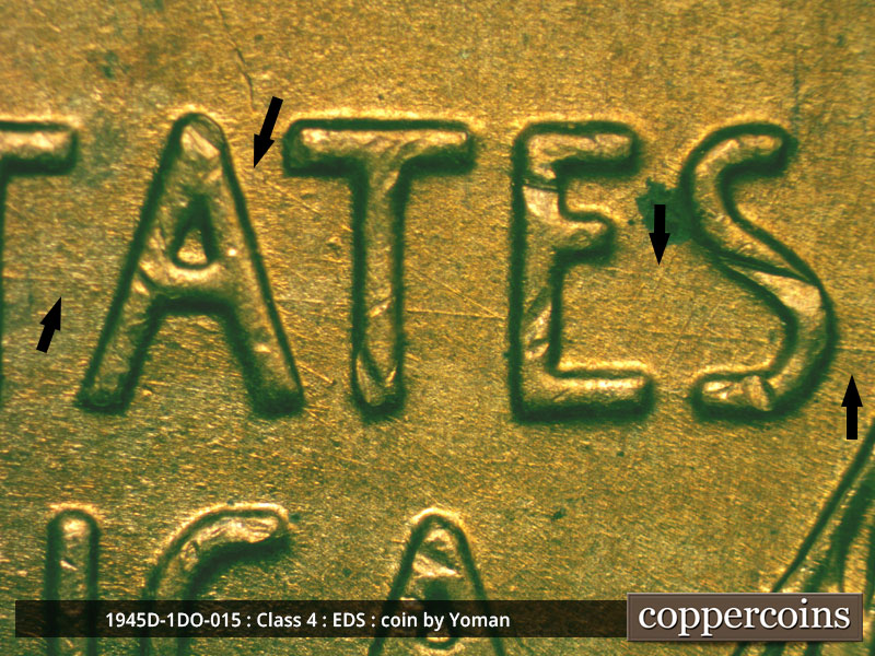 Die-stage A marker on 1945D•1DO•015 (1945 Doubled Die Obverse).