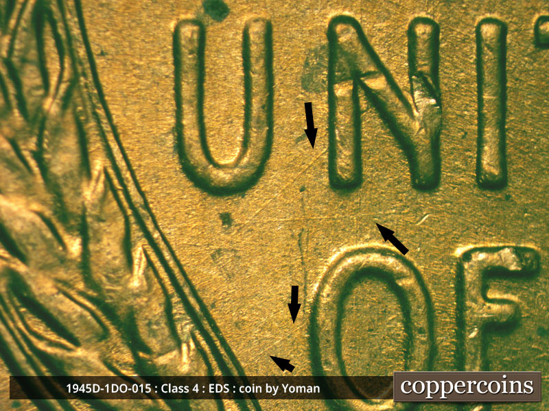 Die-stage A marker on 1945D•1DO•015 (1945 Doubled Die Obverse).