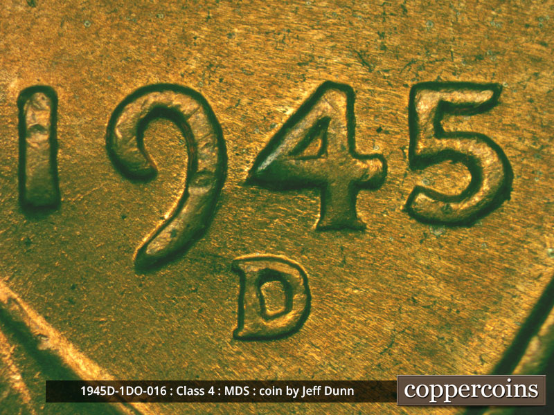 Die-stage B marker on 1945D•1DO•016 (1945 Doubled Die Obverse).