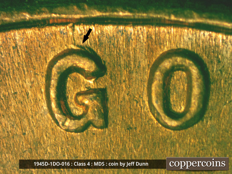 Die-stage B marker on 1945D•1DO•016 (1945 Doubled Die Obverse).