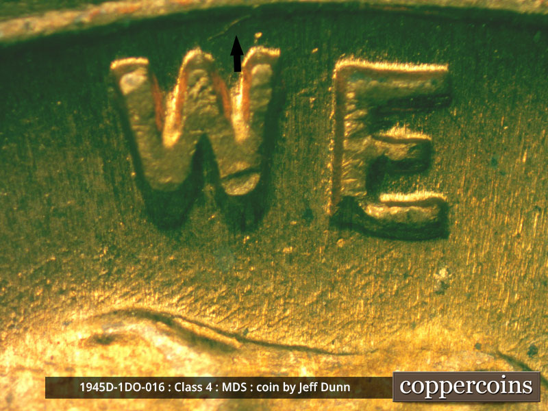 Die-stage B marker on 1945D•1DO•016 (1945 Doubled Die Obverse).