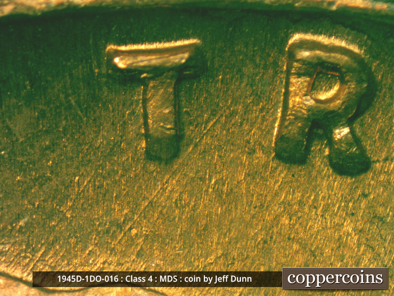 Die-stage B marker on 1945D•1DO•016 (1945 Doubled Die Obverse).