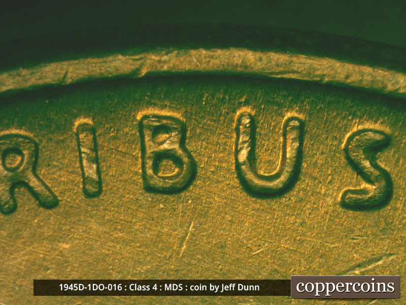 Die-stage B marker on 1945D•1DO•016 (1945 Doubled Die Obverse).