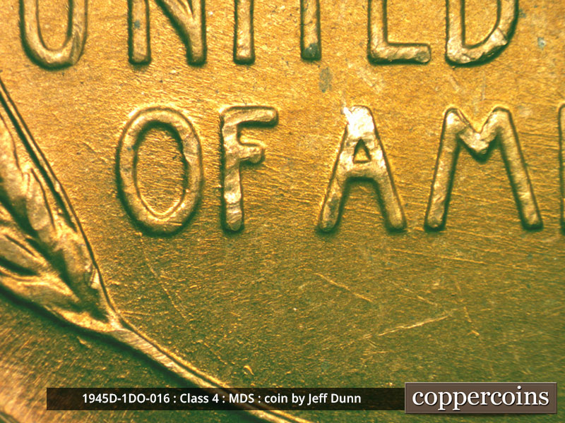 Die-stage B marker on 1945D•1DO•016 (1945 Doubled Die Obverse).
