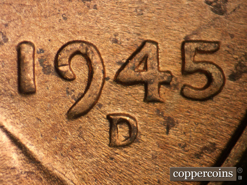 1945 Lincoln cent obverse, CopperCoins die 1945D•1DO•018.