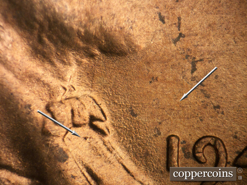 Die-stage B marker on 1945D•1DO•018 (1945 Doubled Die Obverse).