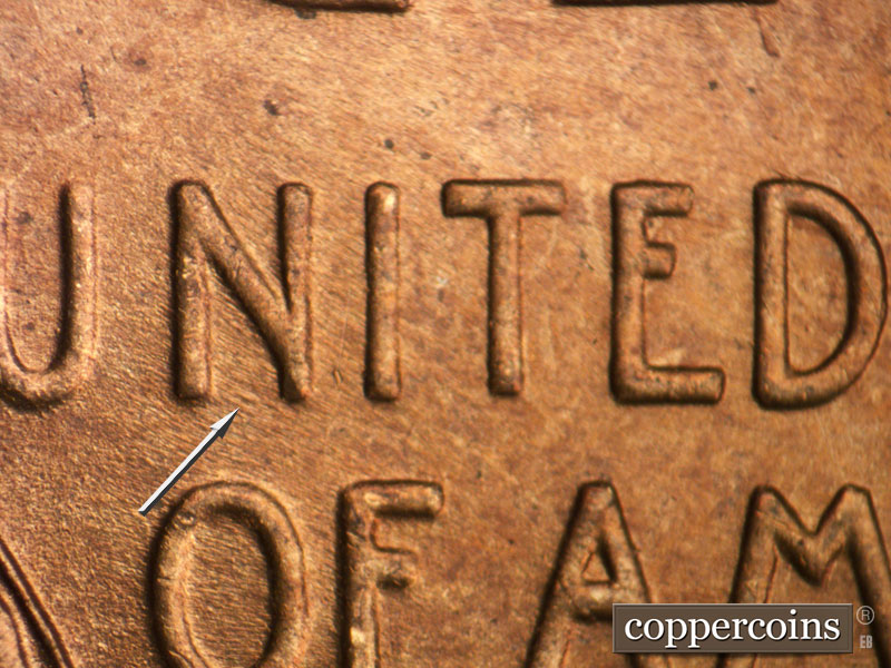 Die-stage B marker on 1945D•1DO•018 (1945 Doubled Die Obverse).