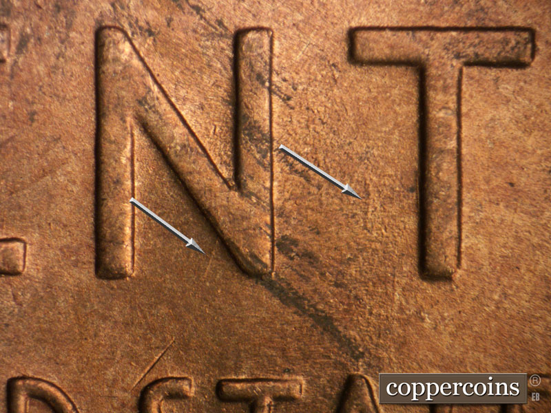 Die-stage B marker on 1945D•1DO•018 (1945 Doubled Die Obverse).