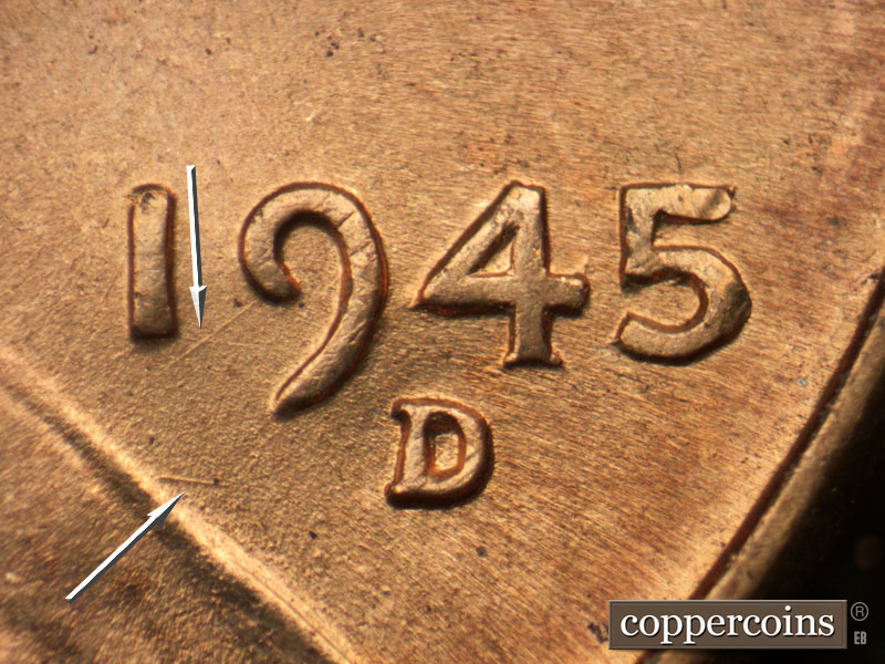 Die-stage A marker on 1945D•1DO•020 (1945 Doubled Die Obverse).