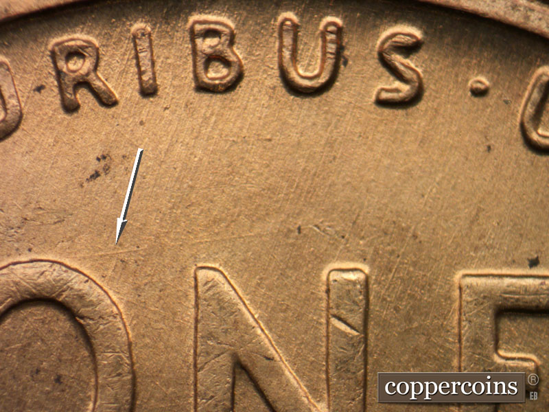Die-stage A marker on 1945D•1DO•020 (1945 Doubled Die Obverse).