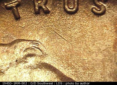 Die-stage C marker on 1945D•1MM•002 (1945 Repunched Mint Mark).