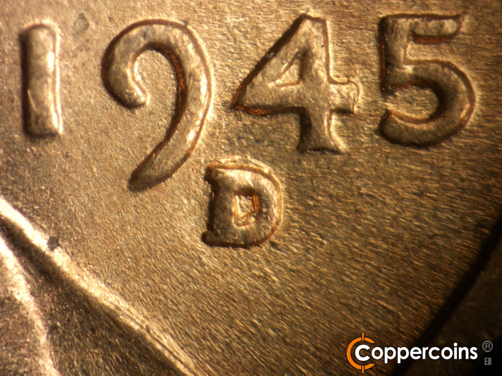 Die-stage A marker on 1945D•1MM•005 showing Closeup of repunched miont mark.